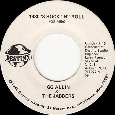 GG Allin & The Jabbers : 1980's Rock 'N' Roll / Cheri Love Affair (7", Single)