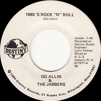GG Allin & The Jabbers : 1980's Rock 'N' Roll / Cheri Love Affair (7", Single)