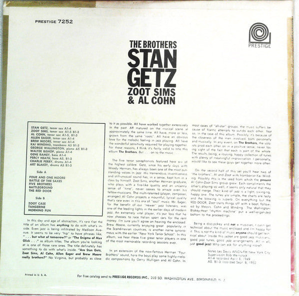Stan Getz, Zoot Sims & Al Cohn : The Brothers (LP, Comp, Mono, RE)