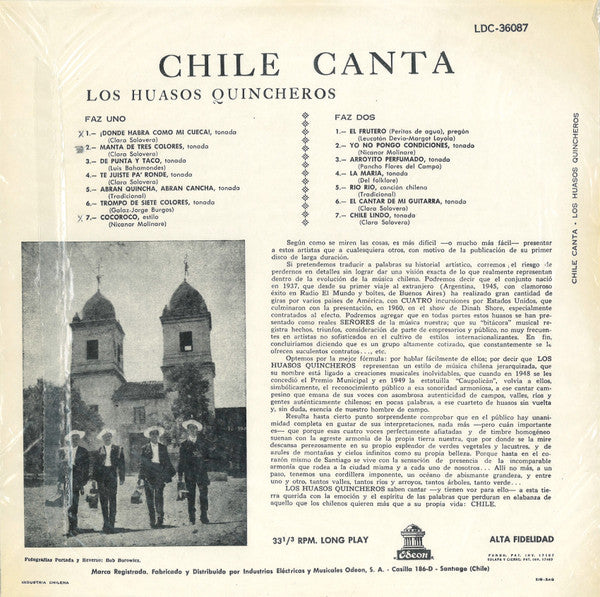 Los Huasos Quincheros : Chile Canta (LP, Album, RE, Bla)