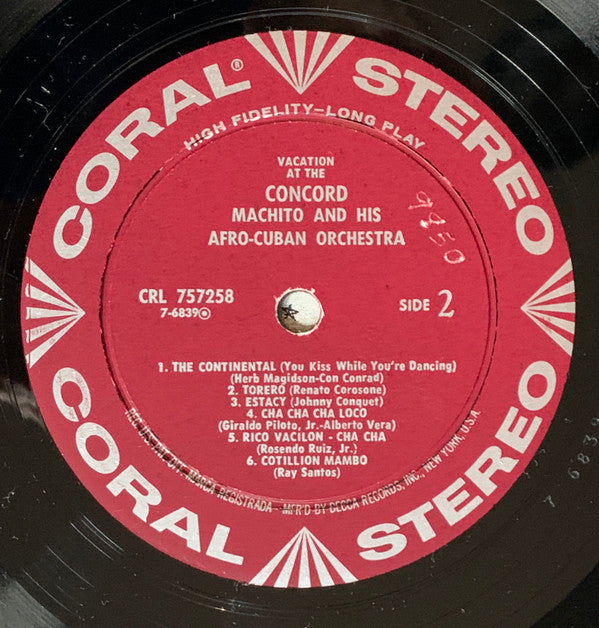 Machito & His Afro-Cuban Orchestra* : Vacation At The Concord (LP, Album)