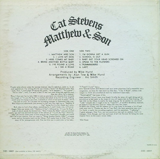 Cat Stevens : Matthew & Son (LP, Album, RP)