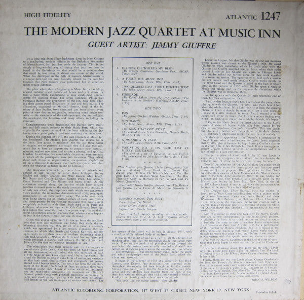 The Modern Jazz Quartet Guest Artist: Jimmy Giuffre : The Modern Jazz Quartet At Music Inn (LP, Album, Mono)