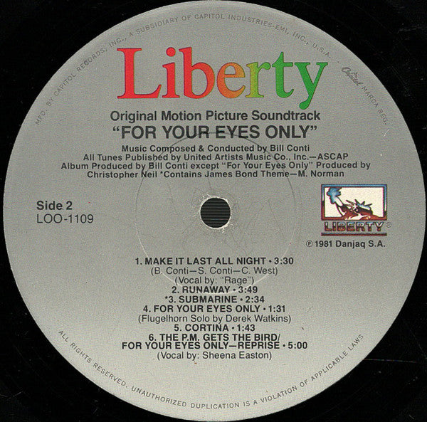 Bill Conti : For Your Eyes Only (Original Motion Picture Soundtrack) (LP, Album, Jac)