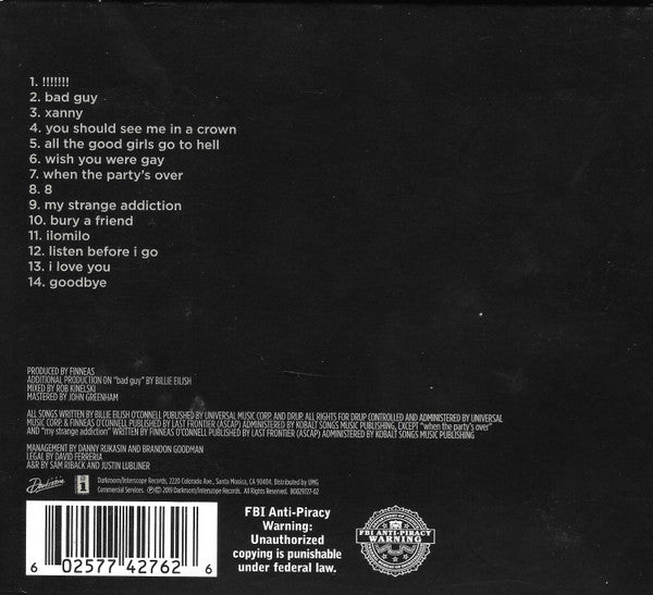 Billie Eilish : When We All Fall Asleep, Where Do We Go? (CD, Album, Dig)