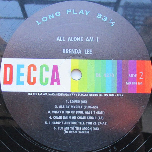 Brenda Lee : All Alone Am I (LP, Album, Mono)