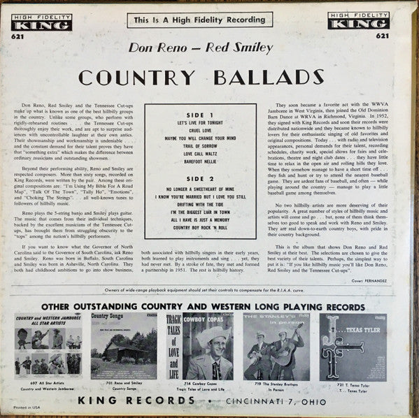 Don Reno And Red Smiley* : Good Old Country Ballads (LP, Album, Mono)