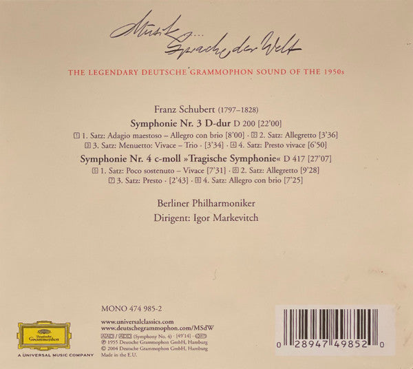 Franz Schubert, Berliner Philharmoniker, Igor Markevitch : Sinfonie Nr. 3 D-Dur / Sinfonie Nr. 4 C-Moll (Tragische Sinfonie) (CD, Comp, Mono, Dig)