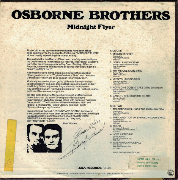 Osborne Brothers* : Midnight Flyer (LP, Album, Glo)