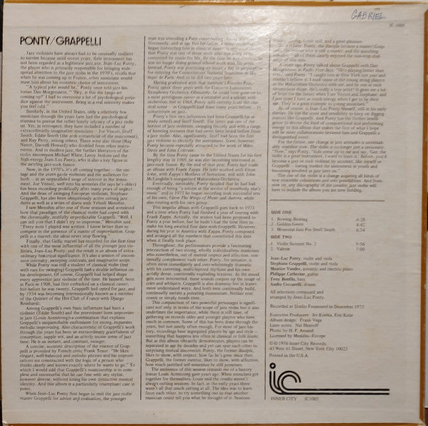 Jean-Luc Ponty - Stéphane Grappelli Featuring Maurice Vander, Philippe Catherine*, Tony Bonfils, Andre Ceccarelli* : Ponty - Grappelli (LP, Album)