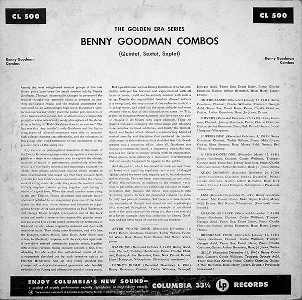 Benny Goodman : Benny Goodman Combos (LP, Comp, Mono, RE)