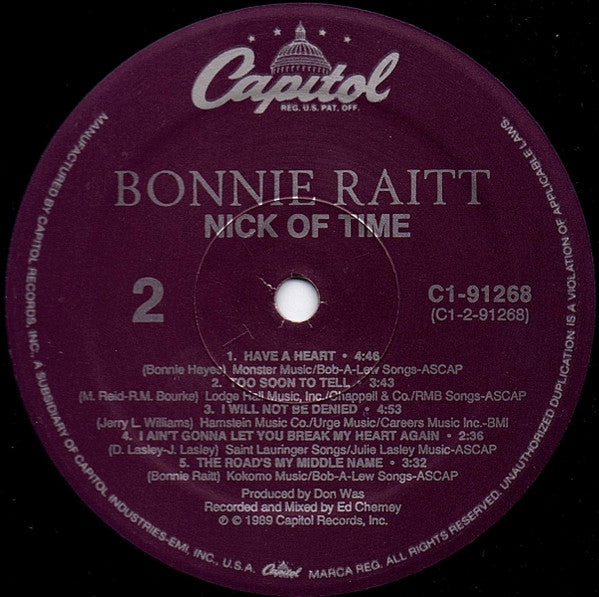 Bonnie Raitt : Nick Of Time (LP, Album, Spe)