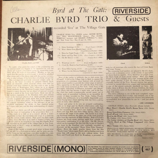 Charlie Byrd Trio (& Guests)* : Byrd At The Gate (LP, Album, Mono, RE, Blu)