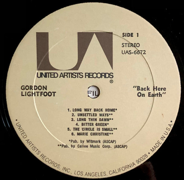 Lightfoot* : Back Here On Earth (LP, Album, RE, All)
