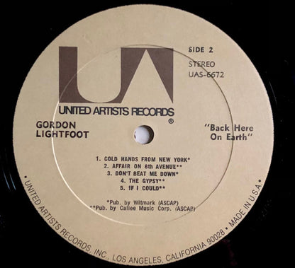 Lightfoot* : Back Here On Earth (LP, Album, RE, All)