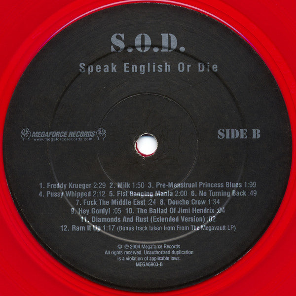 S.O.D.: Stormtroopers of Death* : Speak English Or Die (LP, Album, Ltd, RE, Red)