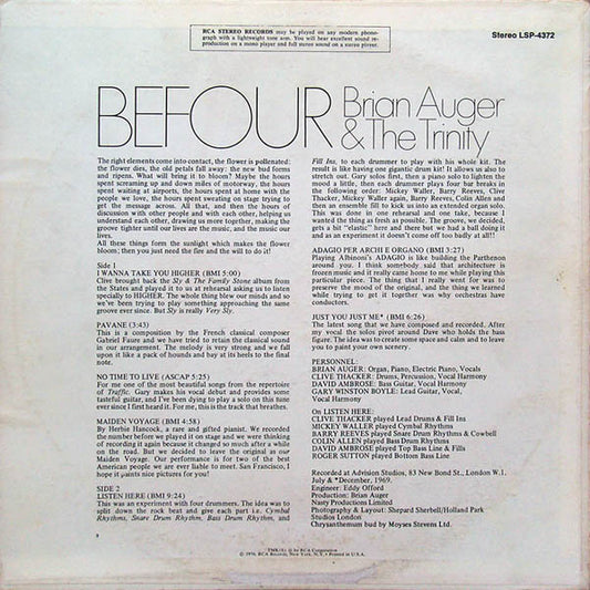 Brian Auger & The Trinity : Befour (LP, Album, Ind)