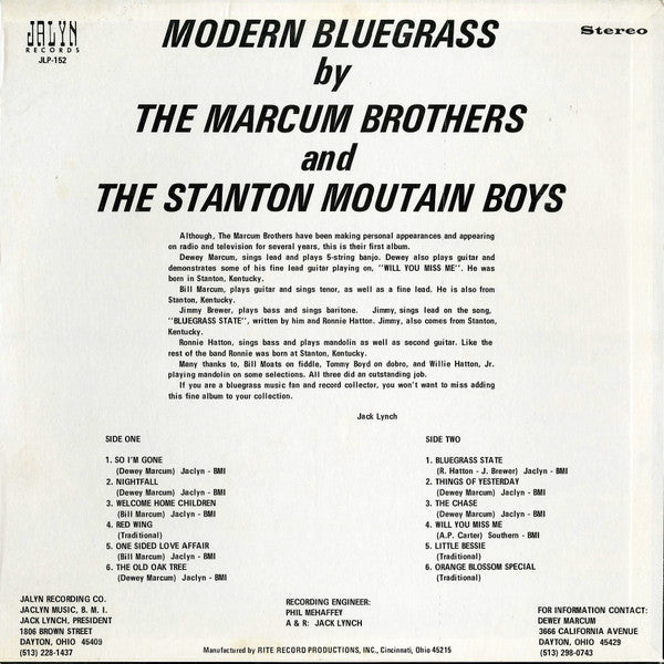 The Marcum Brothers And  The Stanton Mountain Boys : Modern Bluegrass (LP, Album)