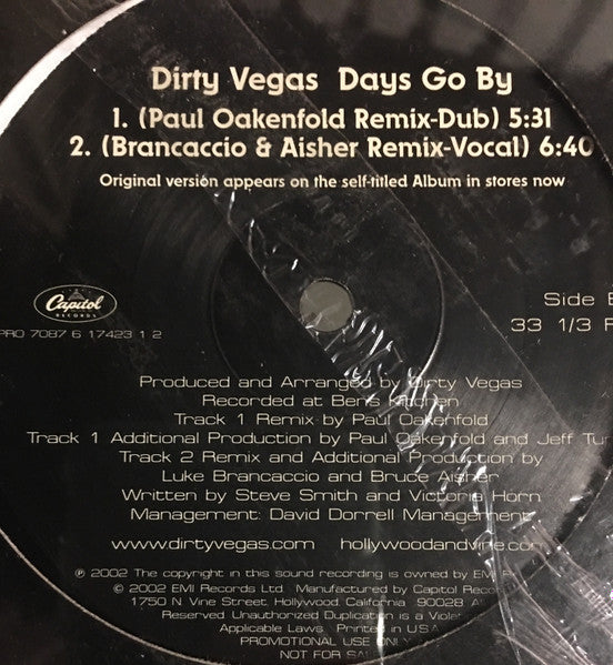 Dirty Vegas : Days Go By (12", Promo)