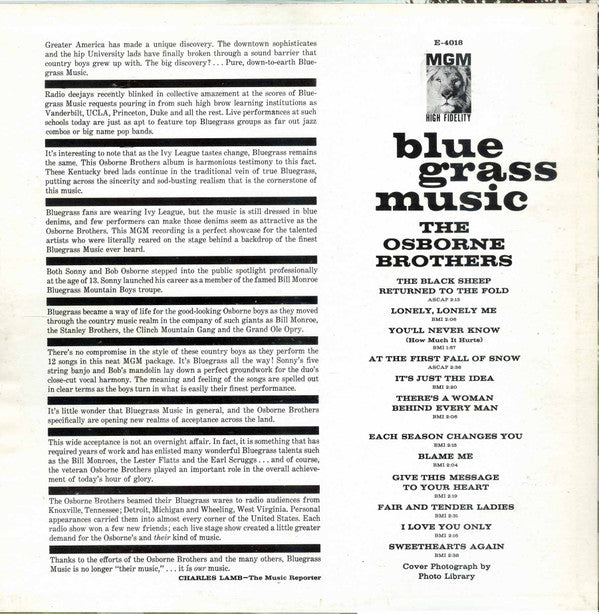 The Osborne Brothers : Blue Grass Music (LP, Album, Mono)