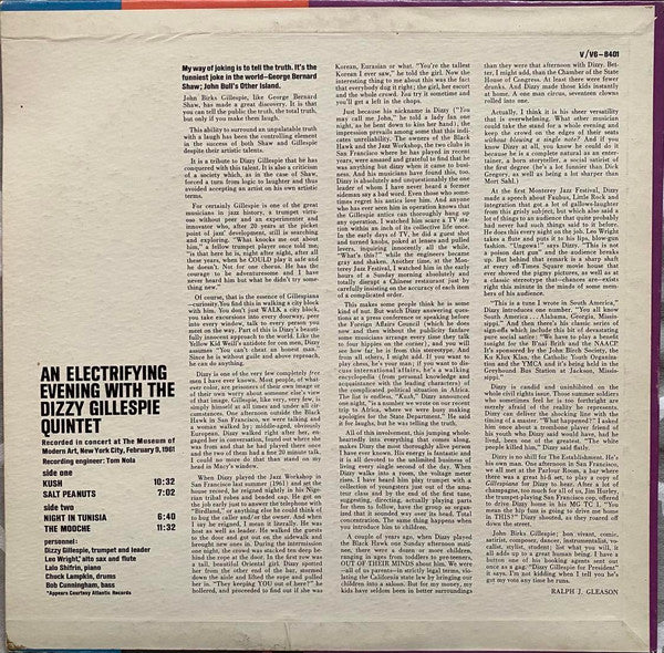 Dizzy Gillespie Quintet : An Electrifying Evening With The Dizzy Gillespie Quintet (LP, Album, Pit)