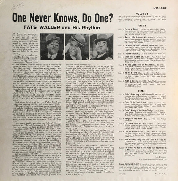 Fats Waller & His Rhythm : One Never Knows, Do One? (LP, Comp, Mono)