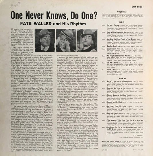 Fats Waller & His Rhythm : One Never Knows, Do One? (LP, Comp, Mono)