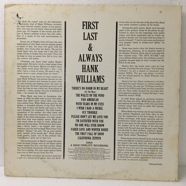 Hank Williams : First, Last And Always (LP, Comp, Mono, RE)