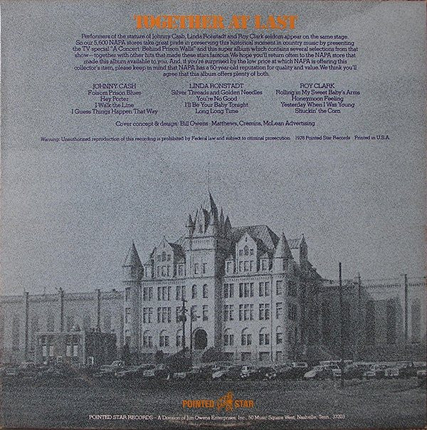 Johnny Cash - Linda Ronstadt - Roy Clark : Napa Presents A Concert: Behind Prison Walls (LP, Album, Comp, Pin)