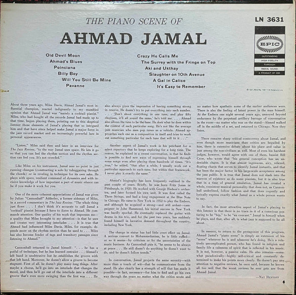 Ahmad Jamal : The Piano Scene Of Ahmad Jamal (LP, Album, Mono, Promo)