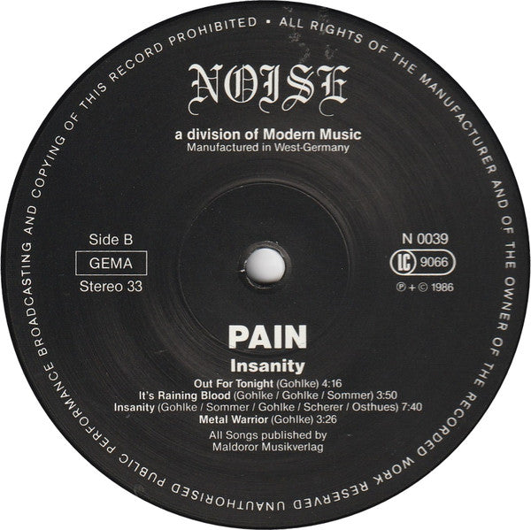 Pain (18) : Insanity (LP, Album)
