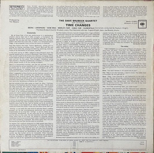 The Dave Brubeck Quartet : Time Changes (LP, Album, Pit)