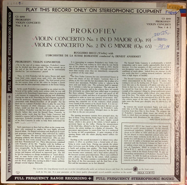 Ruggiero Ricci With L'Orchestre De La Suisse Romande Conducted By Ernest Ansermet, Prokofiev* : Violin Concerti Nos. 1 And 2 (LP, Album, Blu)