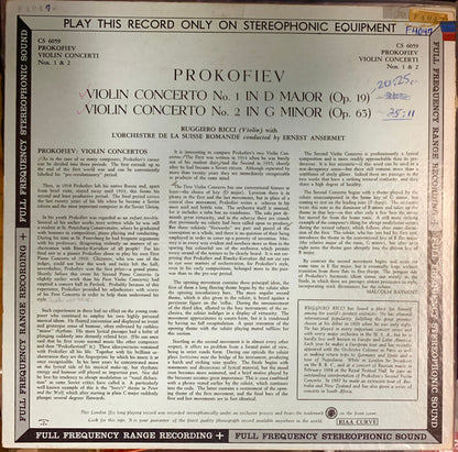 Ruggiero Ricci With L'Orchestre De La Suisse Romande Conducted By Ernest Ansermet, Prokofiev* : Violin Concerti Nos. 1 And 2 (LP, Album, Blu)