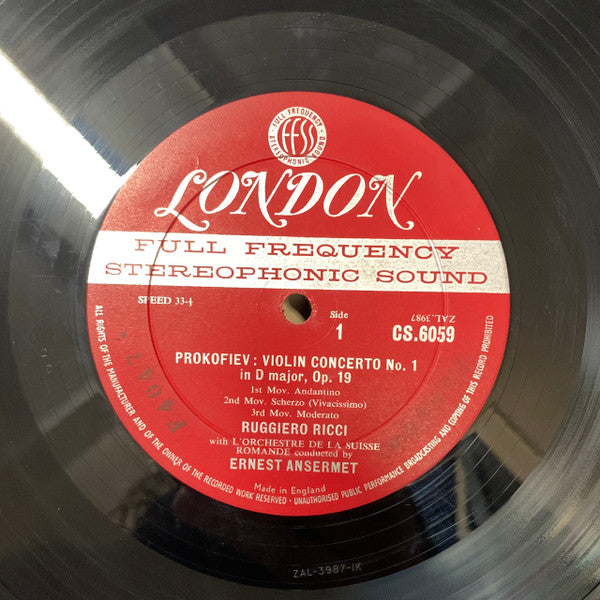 Ruggiero Ricci With L'Orchestre De La Suisse Romande Conducted By Ernest Ansermet, Prokofiev* : Violin Concerti Nos. 1 And 2 (LP, Album, Blu)
