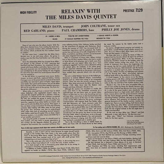 The Miles Davis Quintet : Relaxin' With The Miles Davis Quintet (LP, Album, Mono, Ltd, RE, RP, 180)