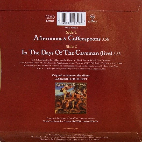 Crash Test Dummies : Afternoons & Coffeespoons (7", Single)