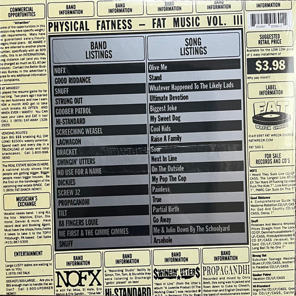 Various : Physical Fatness - Fat Music Vol. III (LP, Comp, RE, Yel)