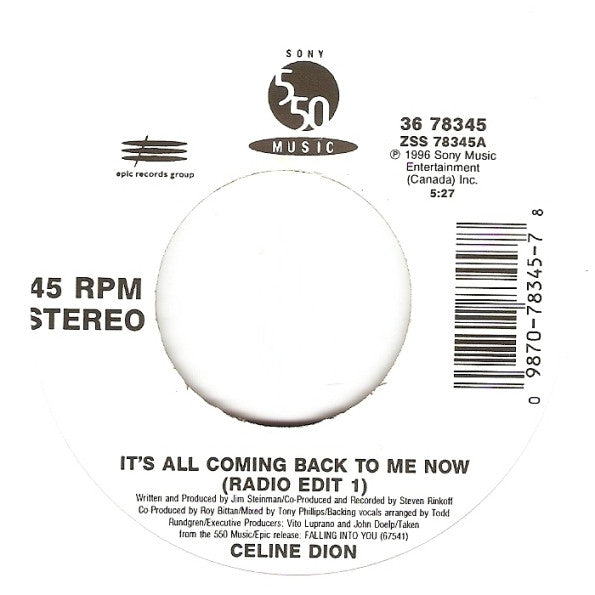 Celine Dion* : It's All Coming Back To Me Now (7", Single)