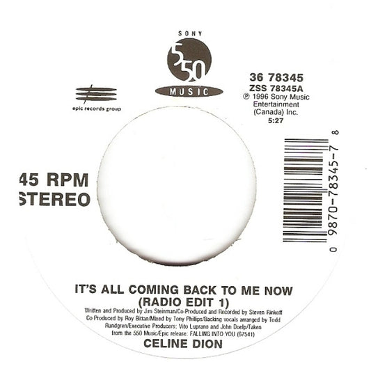 Celine Dion* : It's All Coming Back To Me Now (7", Single)