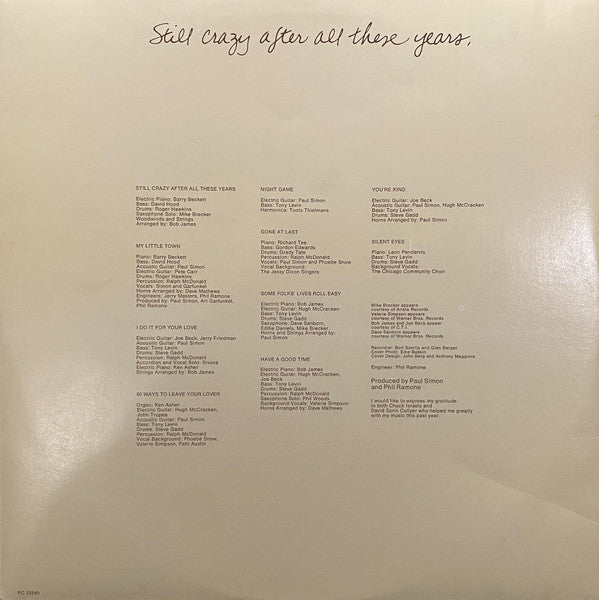 Paul Simon : Still Crazy After All These Years (LP, Album, Pit)