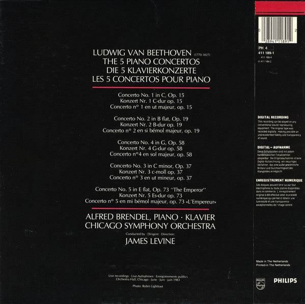 Beethoven*, Alfred Brendel, Chicago Symphony Orchestra, James Levine (2) : The 5 Piano Concertos = Die 5 Klavierkonzerte = Les 5 Concertos Pour Piano Et Orchestre (Live) (4xLP + Box)
