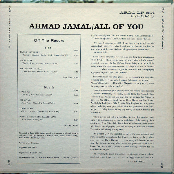 Ahmad Jamal : All Of You (LP, Album, Mono)