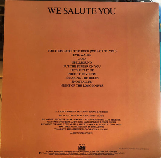 AC/DC : For Those About To Rock (We Salute You) (LP, Album, Club, Gat)