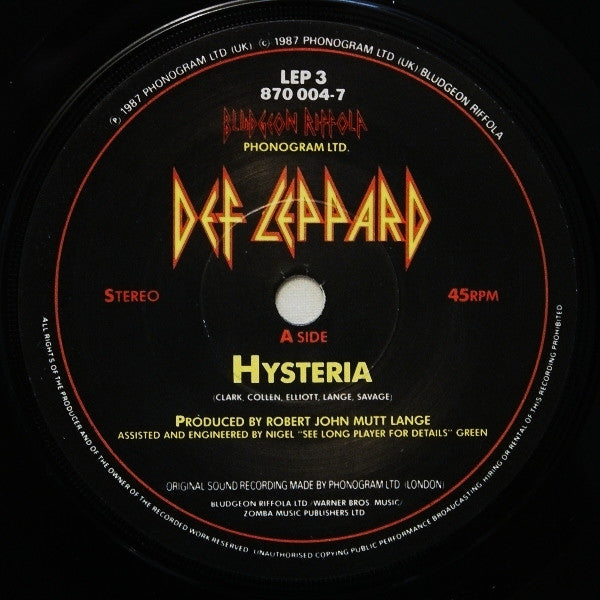 Def Leppard : Hysteria (7", Single, Pap)