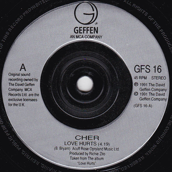 Cher : Love Hurts (7", Single, Inj)
