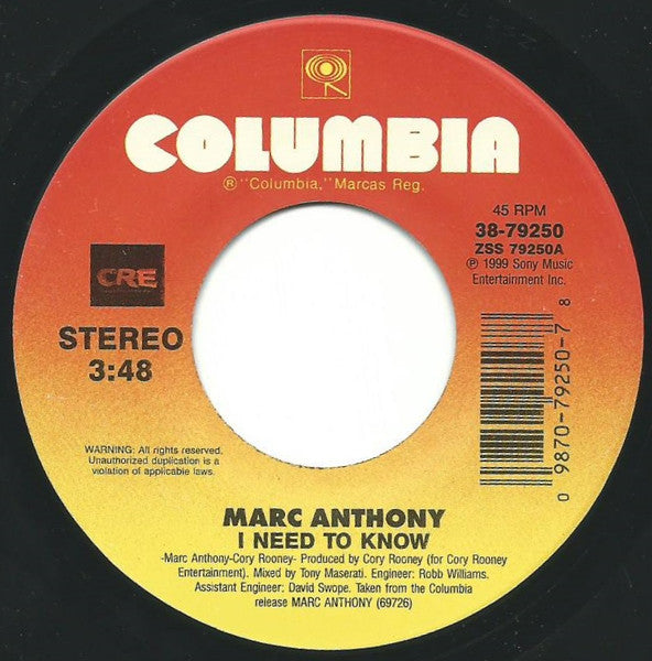Marc Anthony : I Need To Know (7", Single)