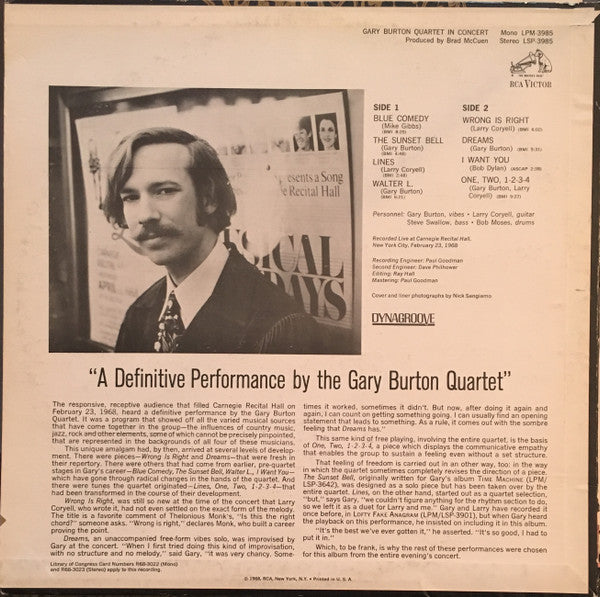 Gary Burton Quartet : Gary Burton Quartet In Concert (LP, Album, RE)