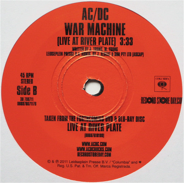 AC/DC : Shoot To Thrill / War Machine (Live At River Plate) (7", RSD, Single)