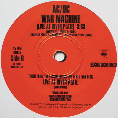 AC/DC : Shoot To Thrill / War Machine (Live At River Plate) (7", RSD, Single)